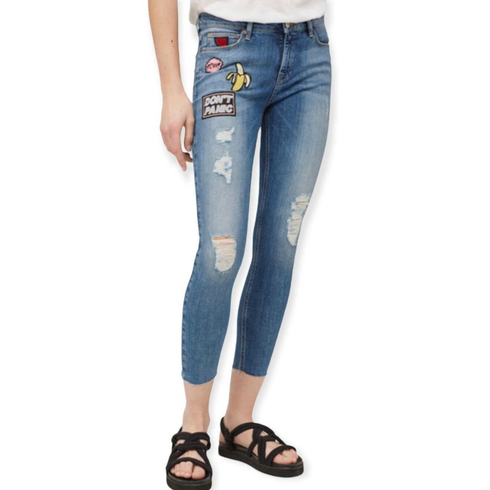 Mango Patched Embellished Skinny Jeans Mid Rise Cropped Leg Medium Wash Size 6